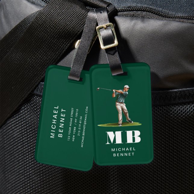 Étiquette À Bagage Monogramme de sport de golfeur vert moderne (Modern Green Golfer Sport Monogram Luggage Tag)