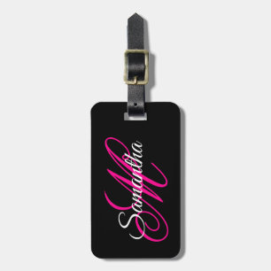 Étiquette À Bagage Monogramme de style script fantaisie noir blanc et