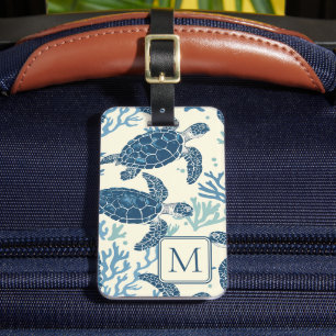Étiquette À Bagage Monogramme de tortues marines bleues et crémeuses