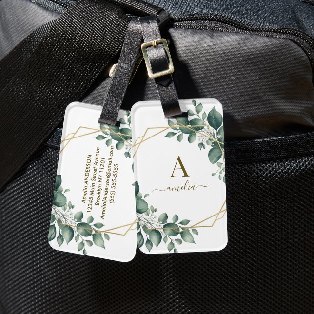 Étiquette À Bagage Monogramme de verdure d'eucalyptus Cadre géométriq (Créateur téléchargé)