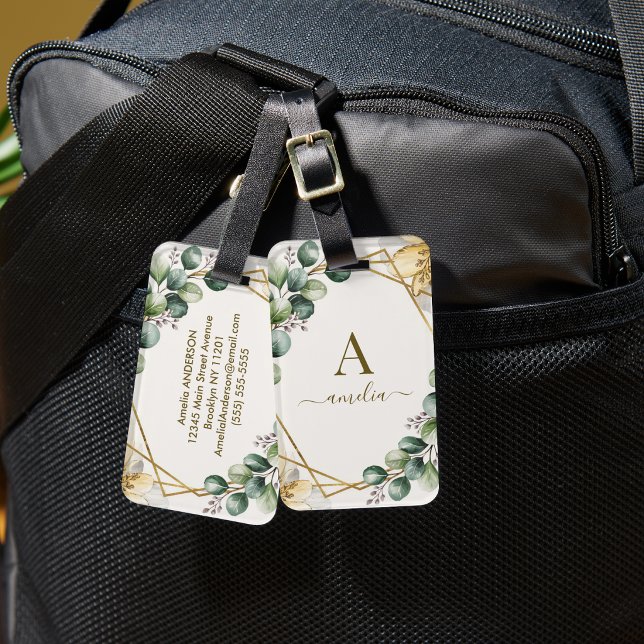 Étiquette À Bagage Monogramme de verdure d'eucalyptus Cadre géométriq (Créateur téléchargé)