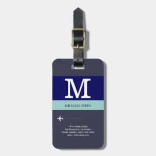 Étiquette À Bagage monogramme de voyage bleu et moderne