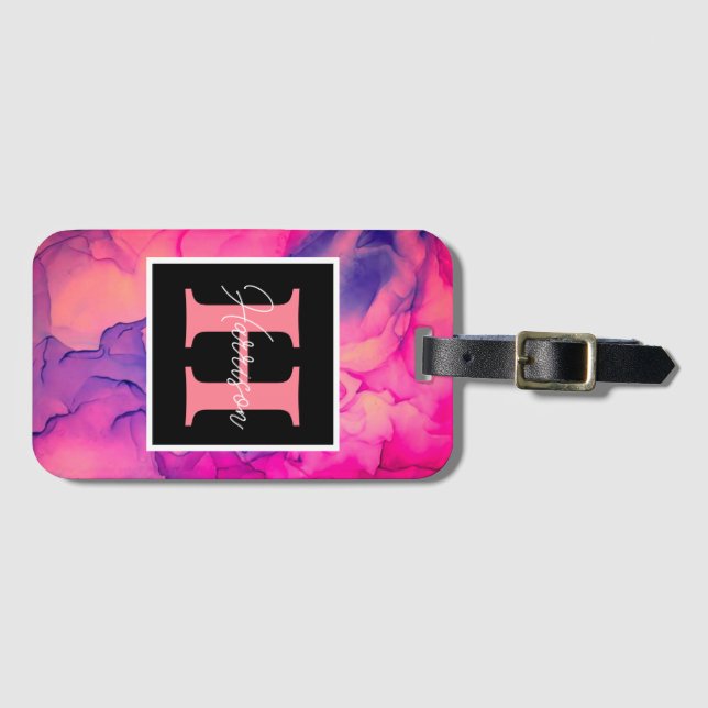 Étiquette À Bagage Monogramme d'encre d'alcool rose chaud pour elle (Devant Horizontal)
