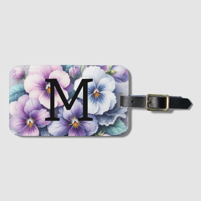 Étiquette À Bagage Monogramme dentelle fleurie rose pourpre vitres fl (Devant Horizontal)