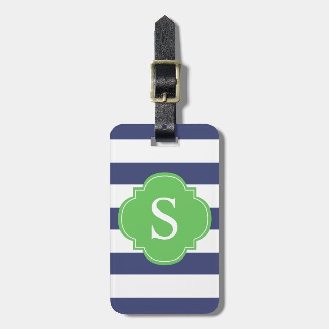Étiquette À Bagage Monogramme des bandes vertes et bleues (Devant Vertical)