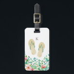 Étiquette À Bagage Monogramme des tongs botaniques de plage<br><div class="desc">Jolie aquarelle botanique florale embellie tongs et arrangements floraux,  étiquette monogramme.</div>
