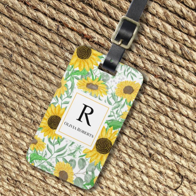 Étiquette À Bagage Monogramme des tournesols d'aquarelle (Créateur téléchargé)