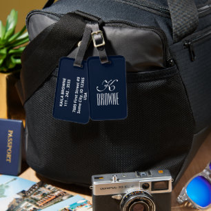 Étiquette À Bagage Monogramme Design bleu marine personnalisé