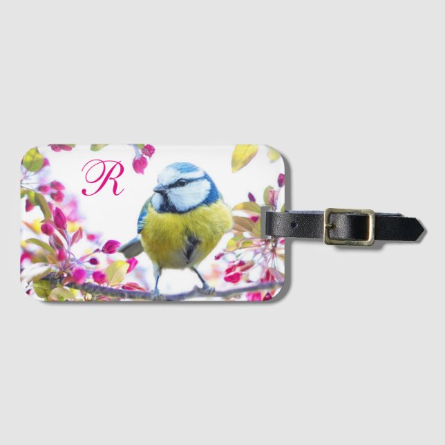 Étiquette À Bagage Monogramme d'oiseaux printaniers (Devant Horizontal)