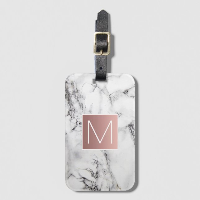 Étiquette À Bagage Monogramme d'or rose sur pierre blanche noire (Devant Vertical)