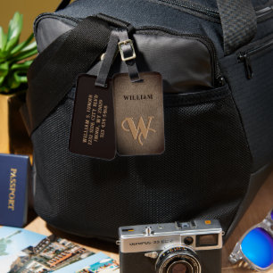 Étiquette À Bagage Monogramme doré Faux cuir Marron foncé 