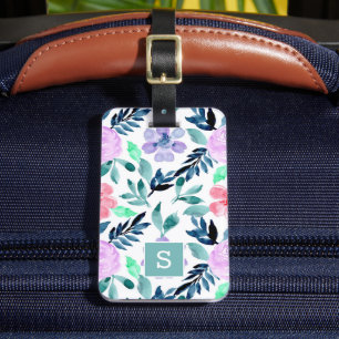 Étiquette À Bagage Monogramme élégant à motif floral aquarelle