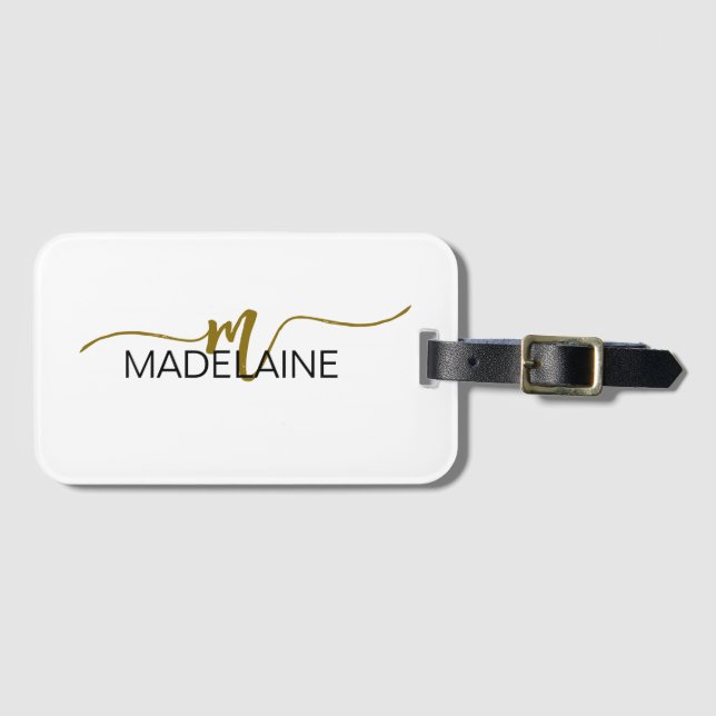 Étiquette À Bagage Monogramme Elegant Blanc Noir Couleur Or (Devant Horizontal)