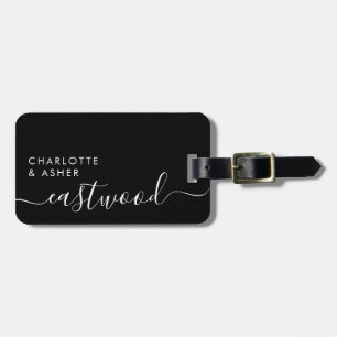 Étiquette À Bagage Monogramme élégant blanc sur fond noir en écriture