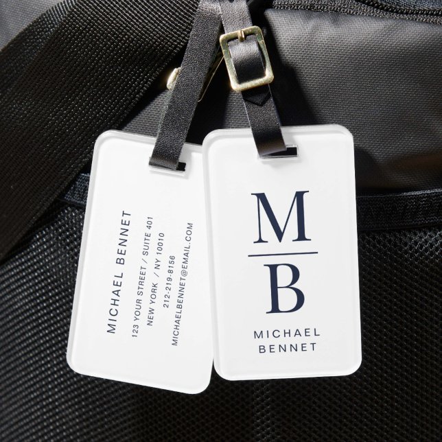 Étiquette À Bagage Monogramme Élégant Bleu Marine (Elegant Monogram Navy Blue Luggage Tag)