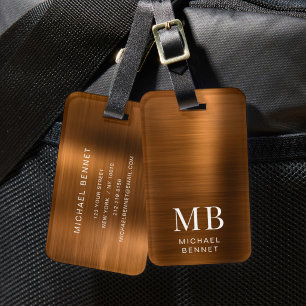 Étiquette À Bagage Monogramme élégant cuivre marron métallisé brossé 