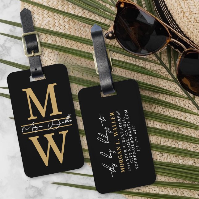 Étiquette À Bagage Monogramme élégant de nom en or noir (Elegant Black Gold Monogram Name Luggage Tag)