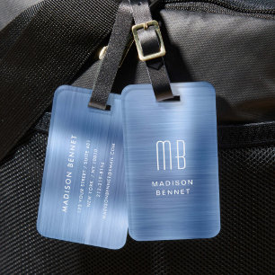 Étiquette À Bagage Monogramme élégant Métal brossé bleu