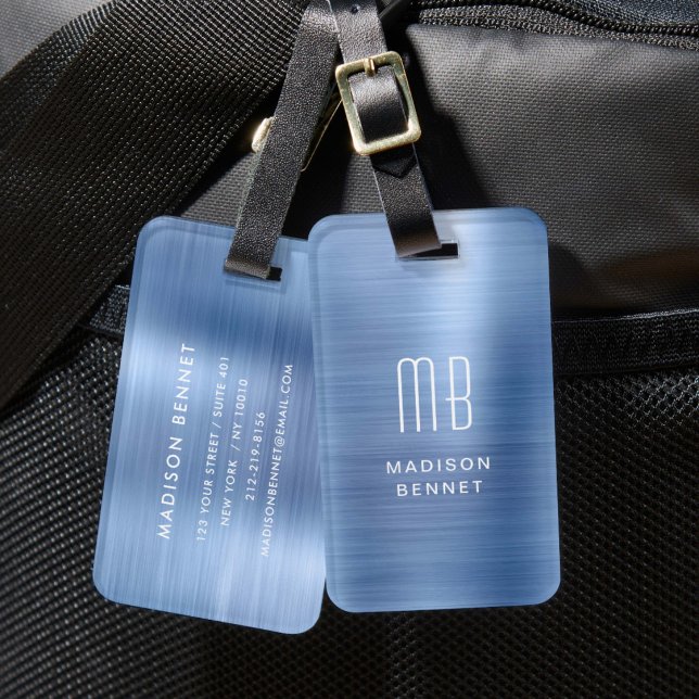Étiquette À Bagage Monogramme élégant Métal brossé bleu (Elegant Monogram Blue Brushed Metallic Luggage Tag)