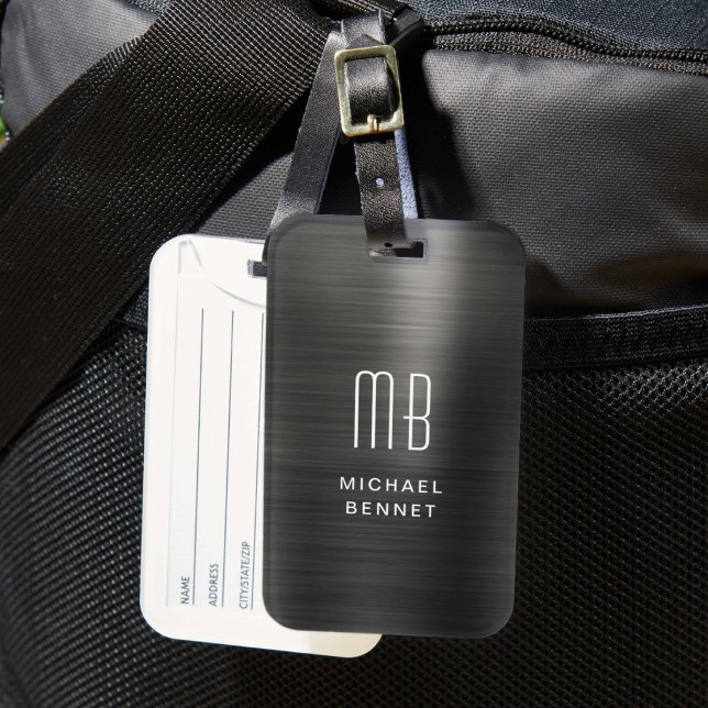 Étiquette À Bagage Monogramme Élégant Métal Brossé Noir (Elegant Monogram Black Brushed Metallic Luggage Tag)