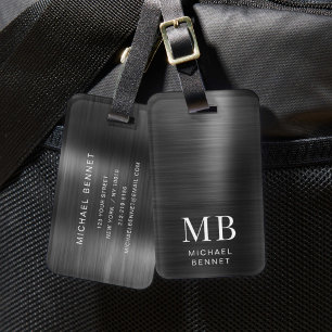 Étiquette À Bagage Monogramme Élégant Métal Noir Brossé 