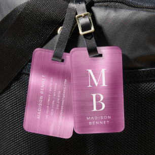 Étiquette À Bagage Monogramme Élégant Métallic Rose Brossé