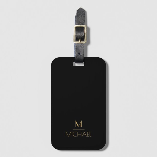 Étiquette À Bagage Monogramme Élégant Moderne Noir & Or (Devant Vertical)
