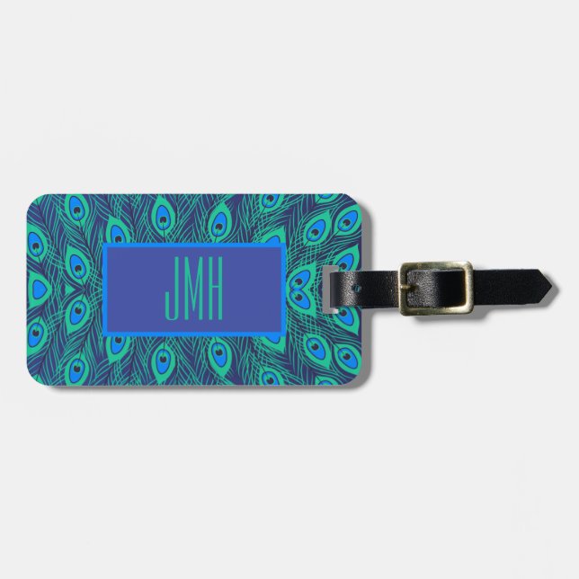 Étiquette À Bagage Monogramme Élégant Moderne Peacock Bleu Turquoise (Devant horizontal)