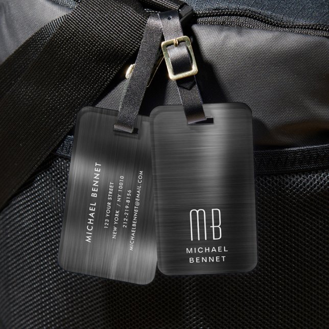 Étiquette À Bagage Monogramme Élégant Noir (Elegant Monogram Black Luggage Tag)