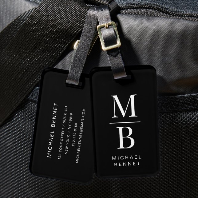 Étiquette À Bagage Monogramme Élégant Noir (Elegant Monogram Black Luggage Tag)