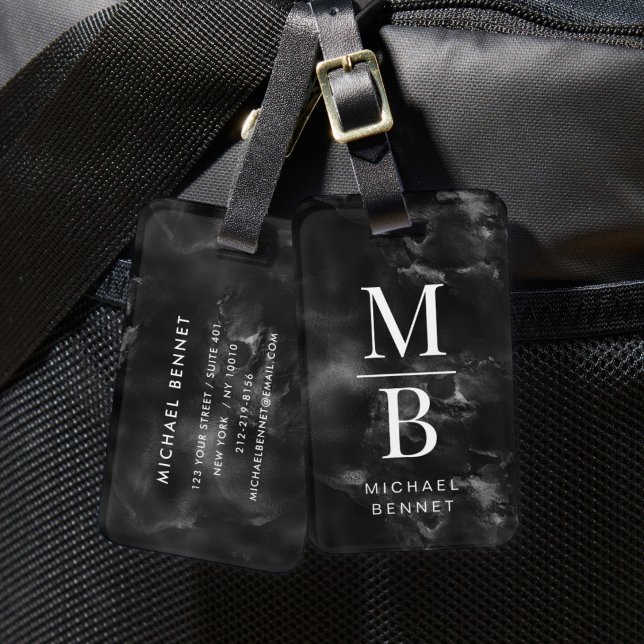 Étiquette À Bagage Monogramme élégant noir et blanc (Elegant Black And White Monogram Luggage Tag)