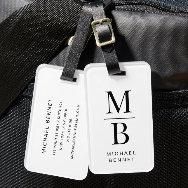 Étiquette À Bagage Monogramme Élégant Noir Et Blanc (Elegant Monogram Black And White Luggage Tag)
