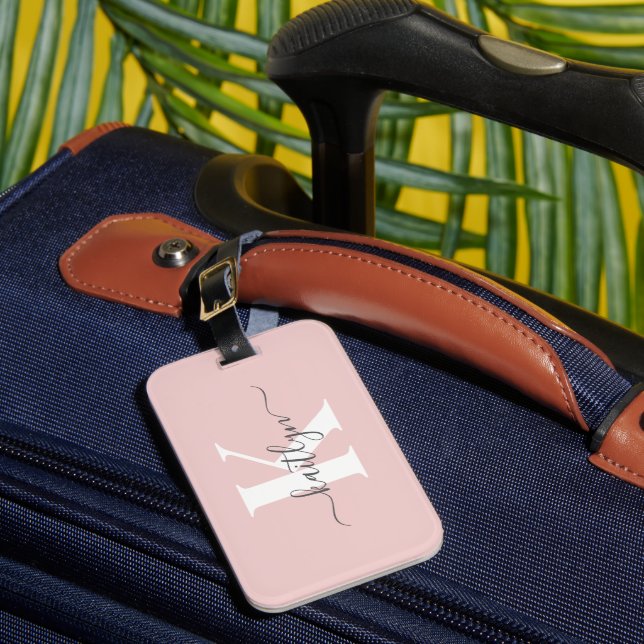 Étiquette À Bagage Monogramme élégant rose poudré gris écriture (Insitu Rectoal 1)