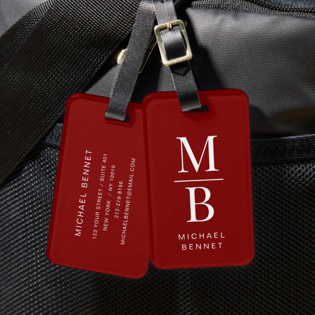 Étiquette À Bagage Monogramme Élégant Rouge Bourgogne (Elegant Monogram Burgundy Red Luggage Tag)