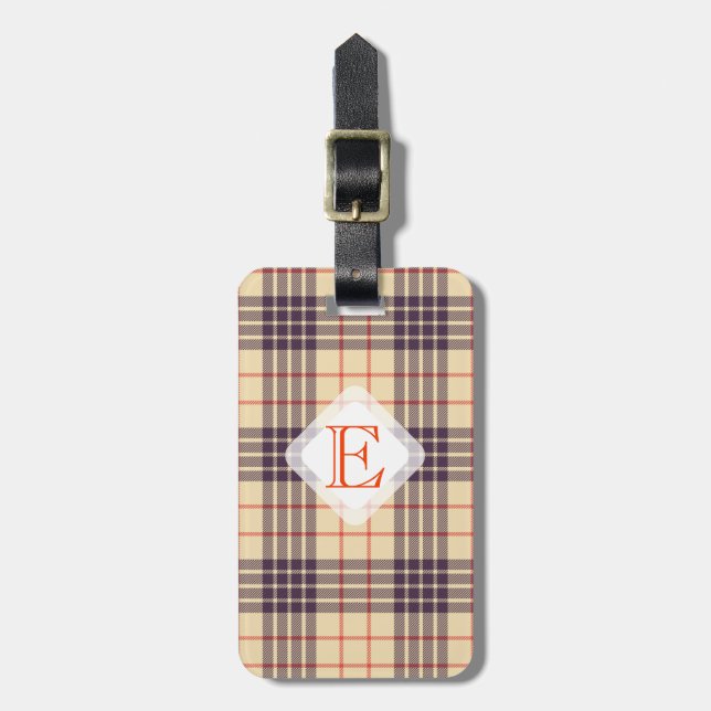 Étiquette À Bagage Monogramme, élégant tartan écossais en plaid beige (Devant Vertical)