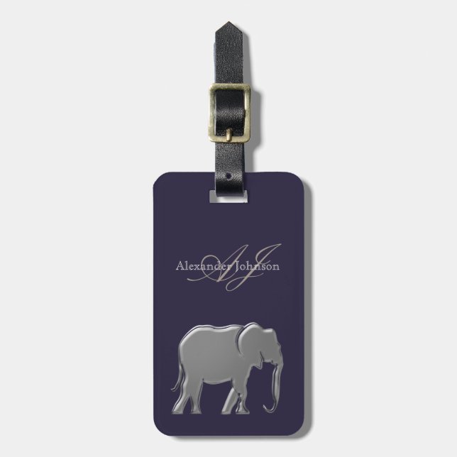 Étiquette À Bagage Monogramme éléphant argent moderne (Devant Vertical)