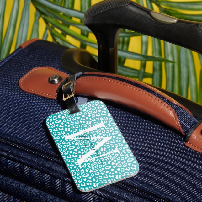 Étiquette À Bagage Monogramme Empreinte de léopard Turquoise (Insitu Rectoal 1)