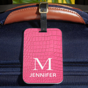 Étiquette À Bagage Monogramme en cuir rose texturé Nom personnalisé