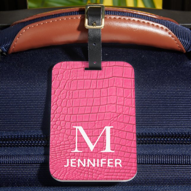 Étiquette À Bagage Monogramme en cuir rose texturé Nom personnalisé (Insitu Rectoal 2)