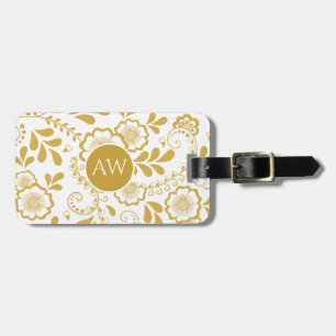 Étiquette À Bagage Monogramme en dentelle florale victorienne or et b