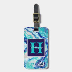 Étiquette À Bagage Monogramme en marbre bleu et turquoise Nom Plage