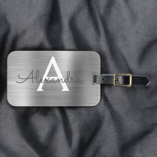 Étiquette À Bagage Monogramme en métal brossé argent Nom et initiale