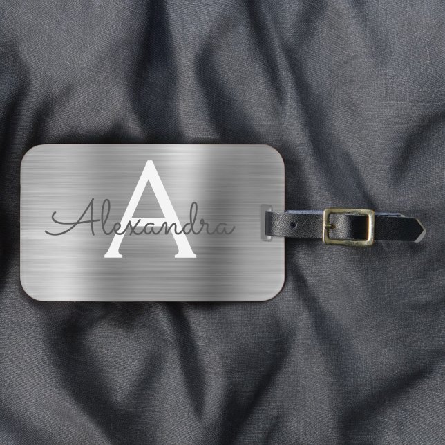 Étiquette À Bagage Monogramme en métal brossé argent Nom et initiale (Créateur téléchargé)