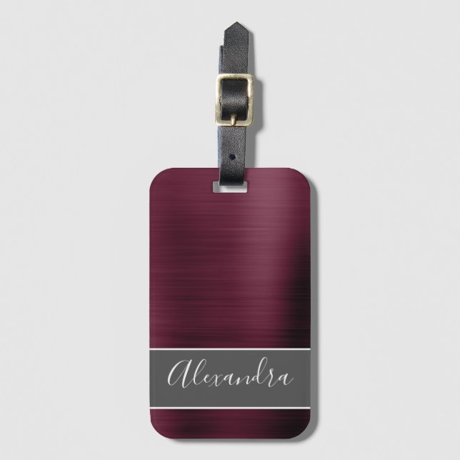 Étiquette À Bagage Monogramme en métal brossé de Bourgogne Nom (Devant Vertical)