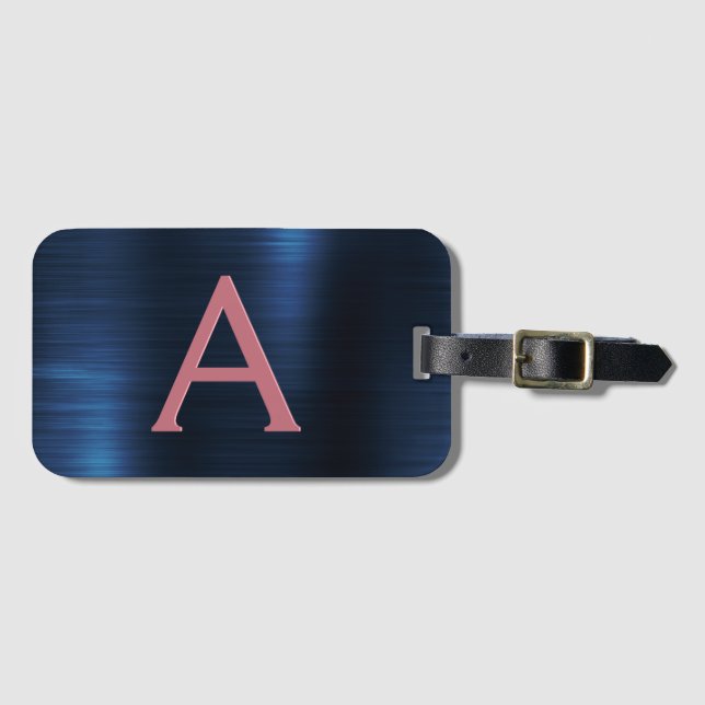 Étiquette À Bagage Monogramme en métal brossé rose or Nom et initiale (Devant Horizontal)