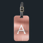 Étiquette À Bagage Monogramme en métal brossé rose or Nom et initiale<br><div class="desc">Rose Gold } Blush Pink brossé Foil Monogramme Nom et étiquette initiale de bagage. Cette étiquette de sac est parfaite pour le retour à l'école,  le travail ou le voyage.</div>