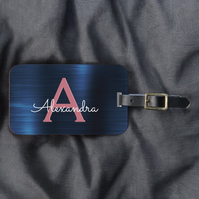 Étiquette À Bagage Monogramme en métal brossé rose or Nom et initiale (Créateur téléchargé)