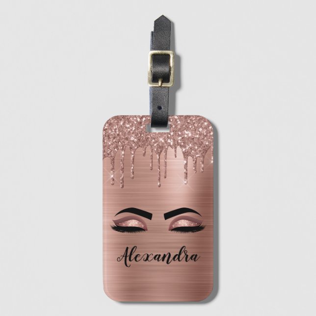 Étiquette À Bagage Monogramme en métal brossé rose or Nom et initiale (Devant Vertical)