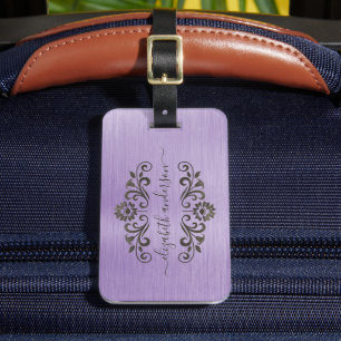 Étiquette À Bagage Monogramme en métal brossé violet Nom Script