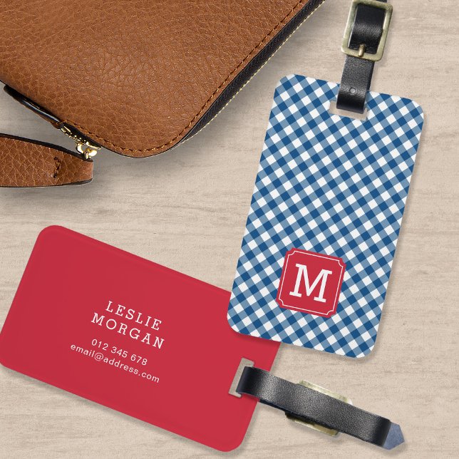 Étiquette À Bagage Monogramme En vichy bleu et rouge (Créateur téléchargé)